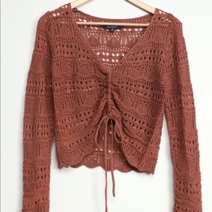 Only Yours Washed Burgundy Sheer Crochet Ruched Sweater Top